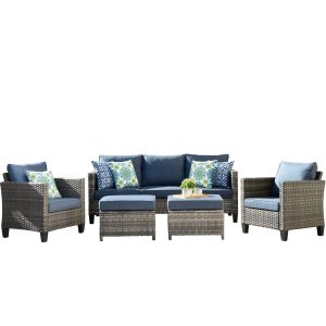 davenport blue patio set main sofa, ottoman and chair