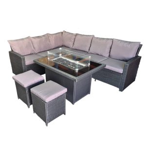BOSTON.PATIO.SECTIONAL.WITH.LONDON.FIRE.TABLE.BLACK.WICKER.DARK.GREY.CUSHIONS