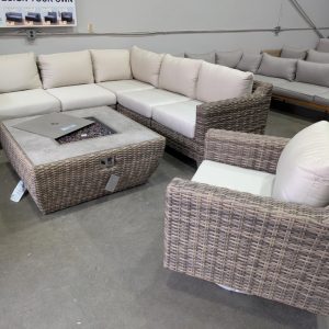 Venice Collection V Sectional With Fire Table and Swivel Gliding Chair